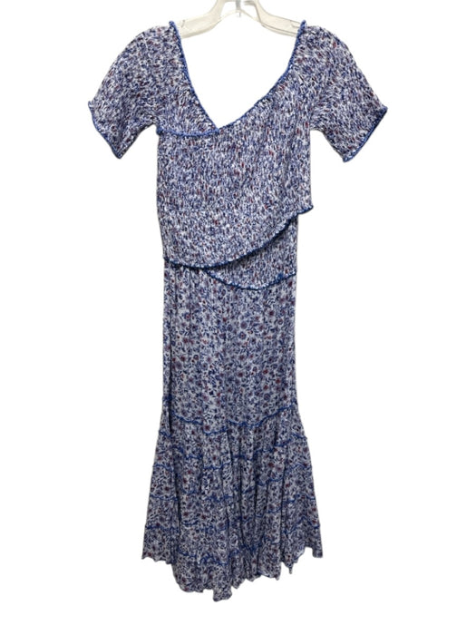 Poupette St. Barth Size L White, Blue & Red Viscose Floral Smocked Bodice Dress White, Blue & Red / L
