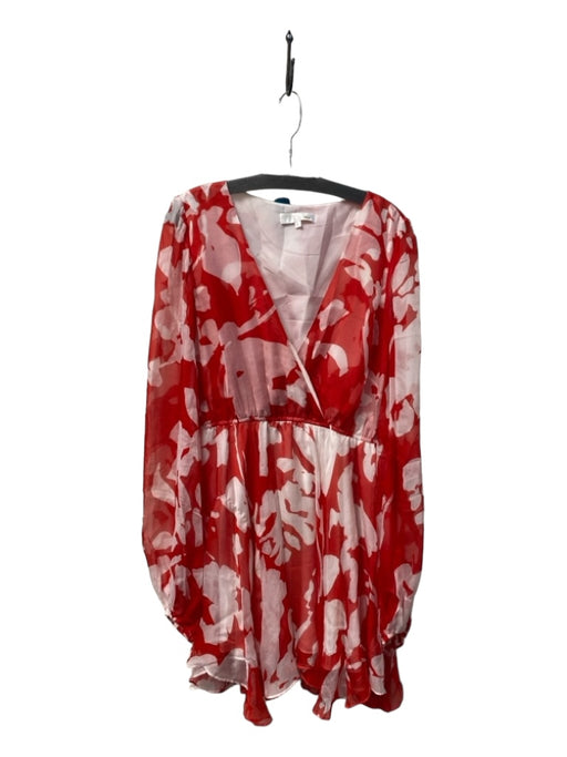 Caroline Constas Size L Red & White Silk V Neck Elastic Waist Long Sleeve Dress Red & White / L