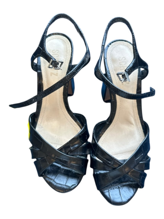 Schutz Shoe Size 6B Black Leather Platform Block Heel Ankle Strap Sandals Black / 6B