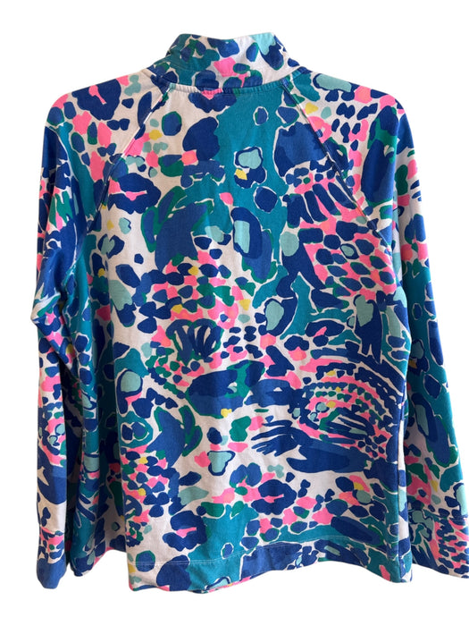 Lilly Pulitzer Size L Blue & Multi Cotton Standing Collar Long Sleeve Top Blue & Multi / L