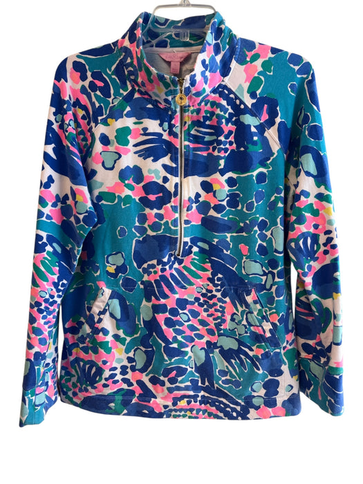 Lilly Pulitzer Size L Blue & Multi Cotton Standing Collar Long Sleeve Top Blue & Multi / L