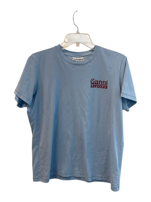 Ganni Size M Blue Cotton Short Sleeve Logo T Shirt Top Blue / M