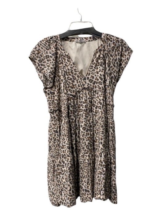 THML Size Medium Tan & Gray Rayon Animal Print Round Split Neck Tiered Dress Tan & Gray / Medium