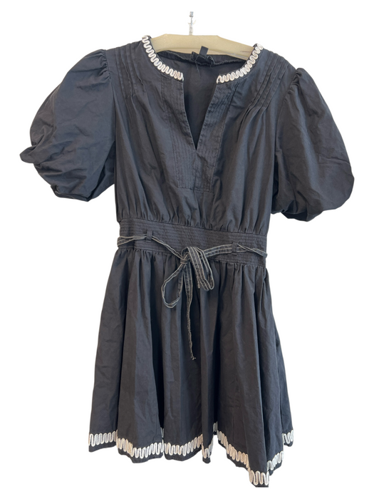 Heyson Size M Black Cotton V Neck Tie Waist Puff Sleeve Neck Detail Dress Black / M