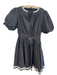 Heyson Size M Black Cotton V Neck Tie Waist Puff Sleeve Neck Detail Dress Black / M