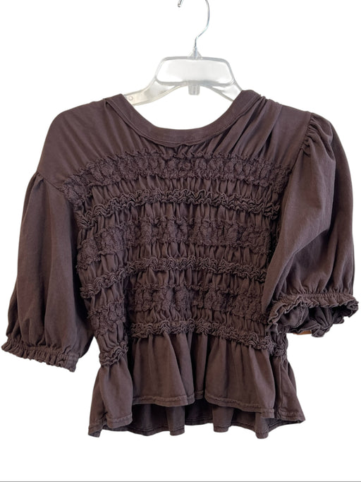 Free People Size L Brown Cotton Puff Short Sleeve Rushed Bust Round Neck Top Brown / L