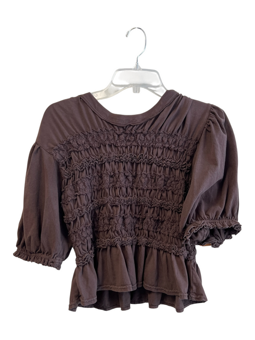 Free People Size L Brown Cotton Puff Short Sleeve Rushed Bust Round Neck Top Brown / L