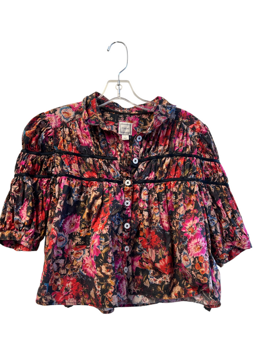 Maeve Size M Pink Multi Cotton Button Up Cropped Short Balloon Sleeve Floral Top Pink Multi / M