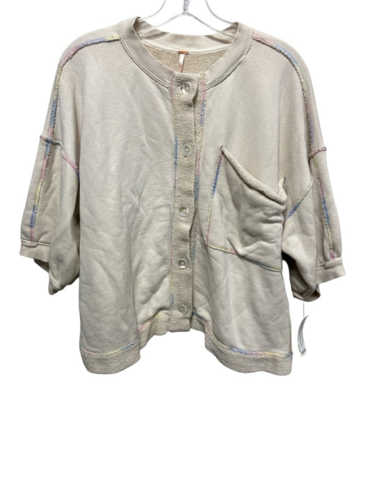 Free People Size S Beige & Multi Cotton Blend Contrast Stitch Sweater Beige & Multi / S