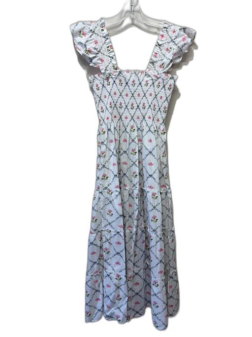 Hill House Size S White, Pink & Blue Cotton Floral Lattice Moth Detail Dress White, Pink & Blue / S