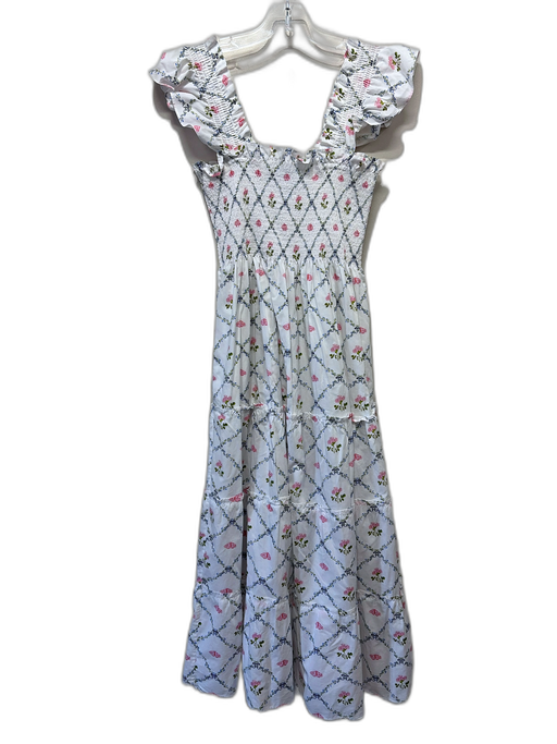 Hill House Size S White, Pink & Blue Cotton Floral Lattice Moth Detail Dress White, Pink & Blue / S