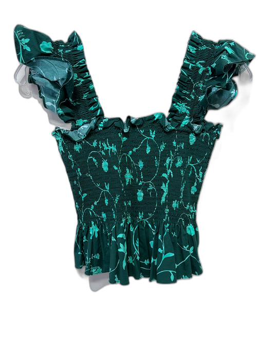 Hill House Size XS Green & Teal Cotton Blend Sleeveless Shirred Botanical Top Green & Teal / XS