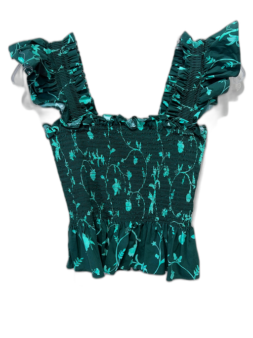 Hill House Size XS Green & Teal Cotton Blend Sleeveless Shirred Botanical Top Green & Teal / XS