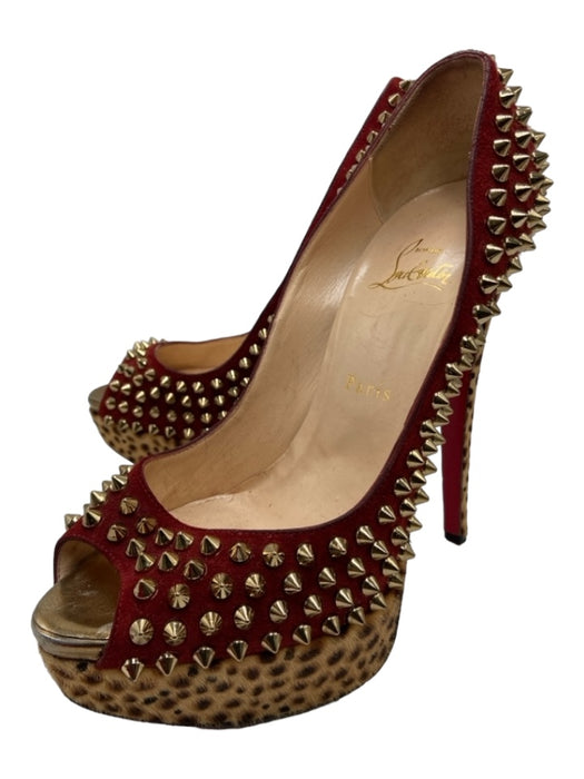 Christian Louboutin Shoe Size 38 red & beige Ponyhair Studded Peep Toe Pumps red & beige / 38