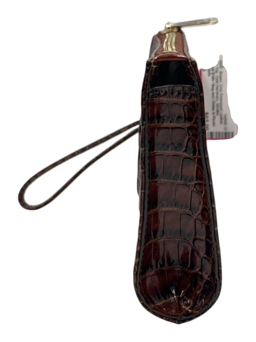 Brahmin Brown Croc Embossed Leather Zip Top Gold Hardware Wristlet Bag Brown / XS