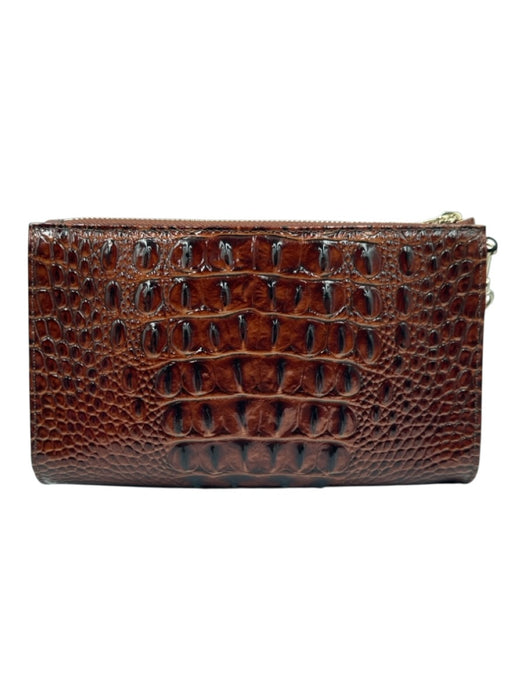 Brahmin Brown Croc Embossed Leather Zip Top Gold Hardware Wristlet Bag Brown / XS