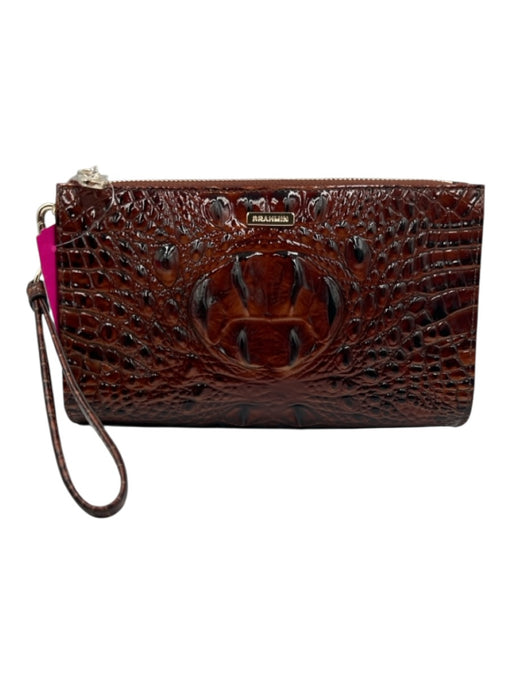 Brahmin Brown Croc Embossed Leather Zip Top Gold Hardware Wristlet Bag Brown / XS