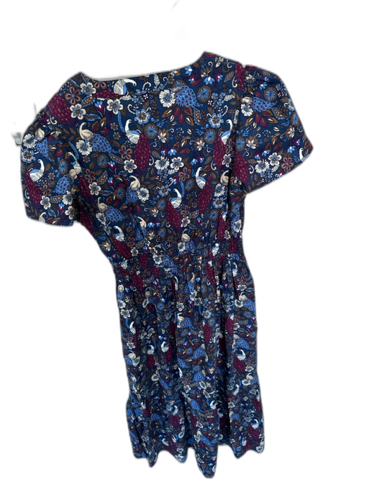 Loft Size S Navy & Purple Cotton Short Sleeve Botanical birds Dress Navy & Purple / S