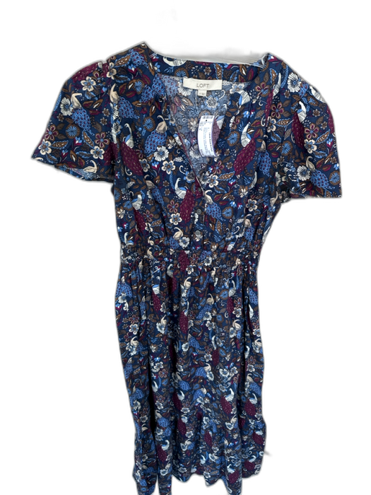 Loft Size S Navy & Purple Cotton Short Sleeve Botanical birds Dress Navy & Purple / S