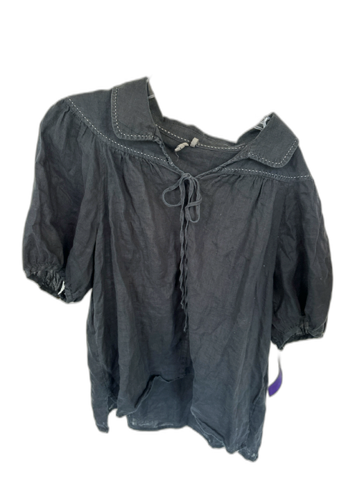 By Anthropologie Size L Black & Tan Linen 3/4 Balloon Sleeve Stitching Top Black & Tan / L