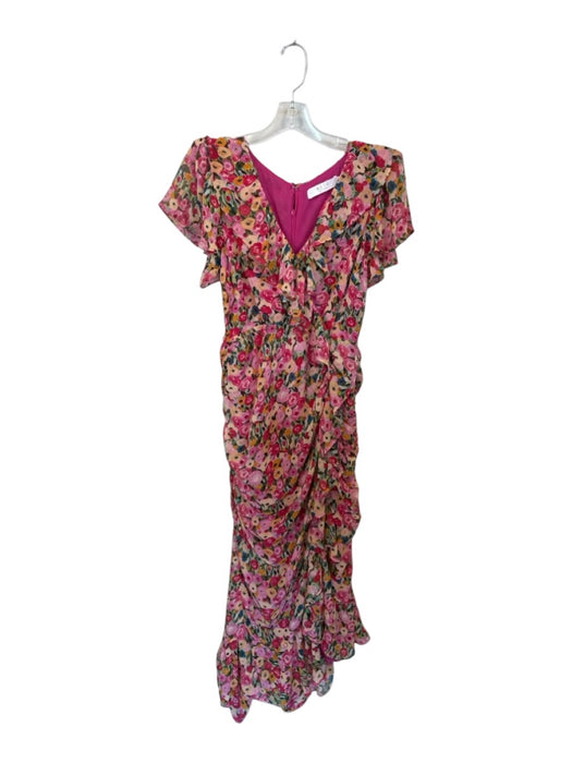 ASTR Size L Magenta & Multi Polyester Flutter Sleeves Flowers Back Zip Dress Magenta & Multi / L