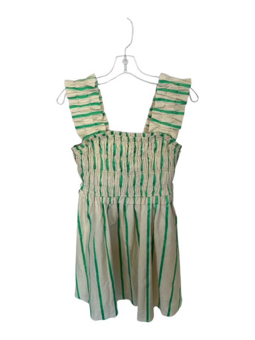 English Factory Size M Tan & Green Cotton Blend Sleeveless Striped Smocked Dress Tan & Green / M