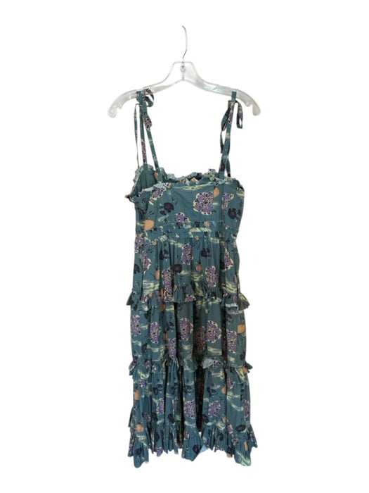 Ulla Johnson Size Est L Teal & Orange Cotton Tie Straps Floral Ruffles Dress Teal & Orange / Est L