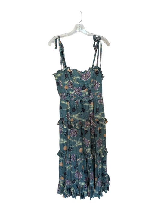 Ulla Johnson Size Est L Teal & Orange Cotton Tie Straps Floral Ruffles Dress Teal & Orange / Est L