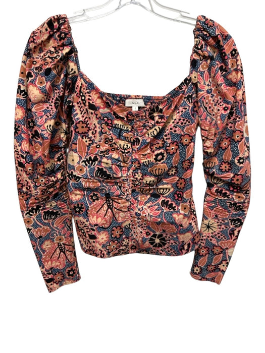 A.L.C. Size 0 Pink, Orange & blue Cotton Abstract Floral Polka Dot Top Pink, Orange & blue / 0