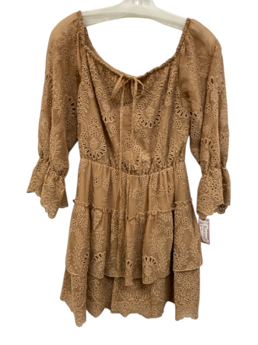 Alice + Olivia Size 0 Beige Polyester Puff 1/2 Sleeve Floral Eyelet Mini Dress Beige / 0