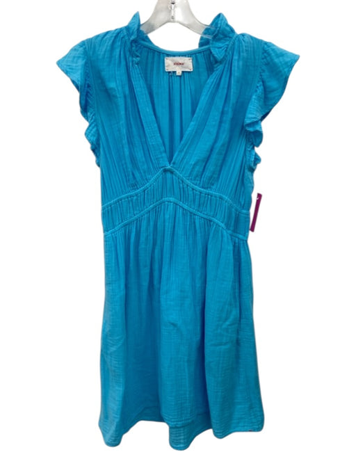 XiRENA Size S Blue Cotton Gauze Ruffle Cap Sleeve V Neck Elastic Waist Dress Blue / S