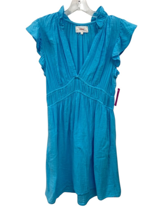 XiRENA Size S Blue Cotton Gauze Ruffle Cap Sleeve V Neck Elastic Waist Dress Blue / S