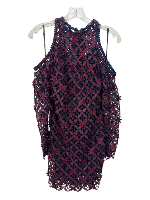 Self Portrait Size 0 navy & burgudny Polyester Lace Overlay Long Sleeve Dress navy & burgudny / 0