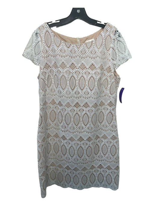 Eliza J Size 14 Beige & White Polyester Crochet Overlay Wide Neck Sheath Dress Beige & White / 14