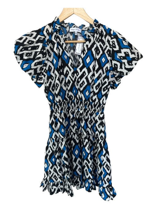 Willa Story Size XS Black & Blue Cotton Short Balloon Sleeve Ikat V Neck Dress Black & Blue / XS