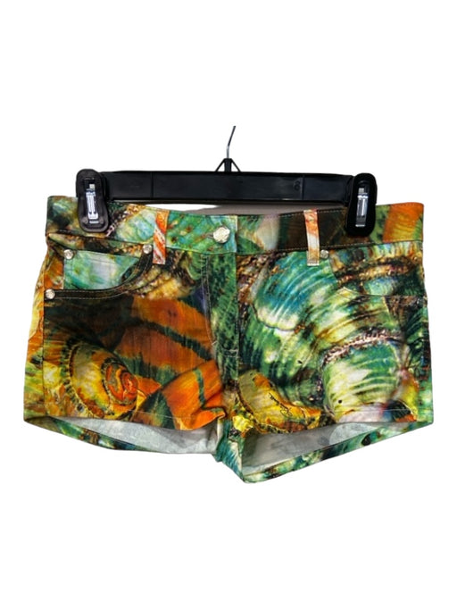 Roberto Cavalli Size 40 Green Orange Yellow Cotton Low Rise Abstract Mini Shorts Green Orange Yellow / 40