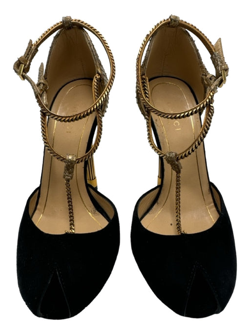 Gucci Shoe Size 34 Black & Gold Suede Snake Embossed Peep Toe T Strap Pumps Black & Gold / 34