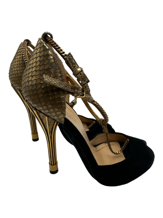 Gucci Shoe Size 34 Black & Gold Suede Snake Embossed Peep Toe T Strap Pumps Black & Gold / 34