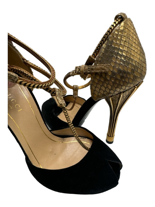 Gucci Shoe Size 34 Black & Gold Suede Snake Embossed Peep Toe T Strap Pumps Black & Gold / 34