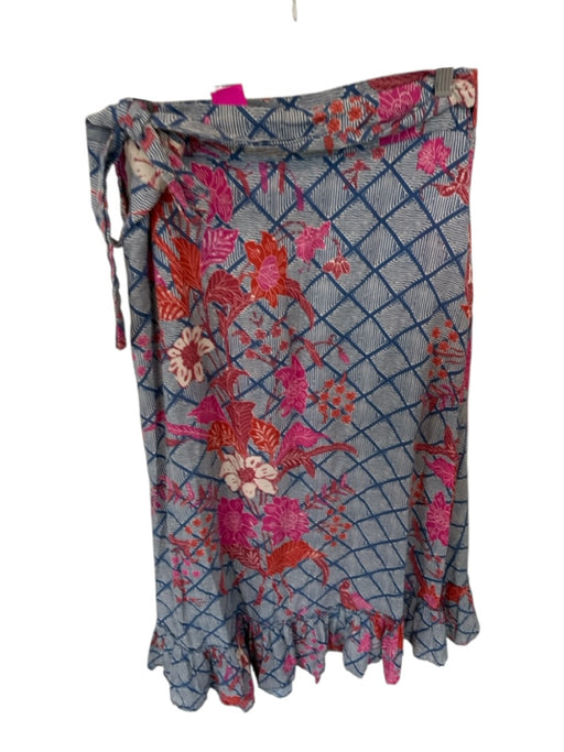 Apiece Apart Size 8 Blue & Rust Cotton Wrap Flowers Grid Maxi Skirt Blue & Rust / 8