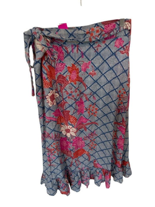 Apiece Apart Size 8 Blue & Rust Cotton Wrap Flowers Grid Maxi Skirt Blue & Rust / 8