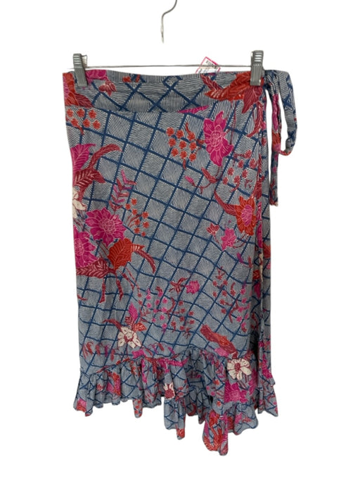 Apiece Apart Size 8 Blue & Rust Cotton Wrap Flowers Grid Maxi Skirt Blue & Rust / 8