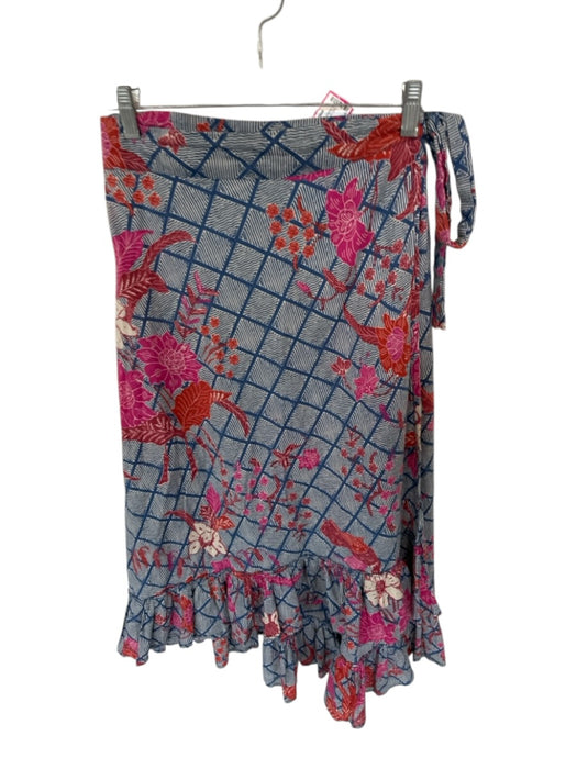 Apiece Apart Size 8 Blue & Rust Cotton Wrap Flowers Grid Maxi Skirt Blue & Rust / 8