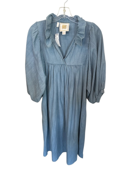 Emily McCarthy Size XL Light Wash Tencel Long Balloon Sleeve Ruffle Collar Dress Light Wash / XL
