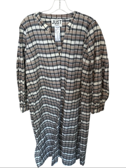 Just Female Size 38 Taupe & Black Organic Cotton Blend Long Sleeve Grid Dress Taupe & Black / 38