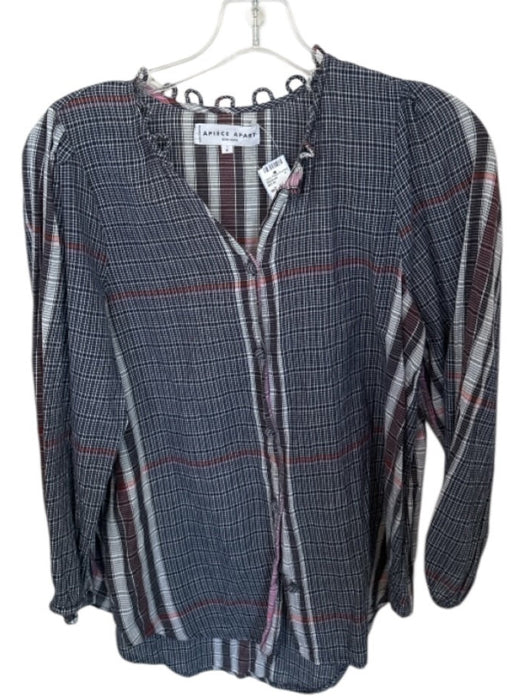 Apiece Apart Size 8 Navy & Brown Cotton Long Balloon Sleeve Plaid Buttons Top Navy & Brown / 8