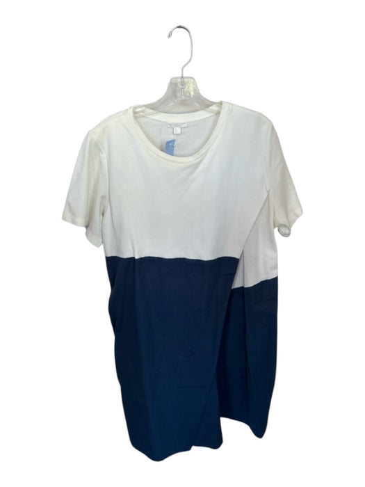 COS Size L White & Navy Cotton Blend Short Sleeve Color Block Mixed Media Dress White & Navy / L