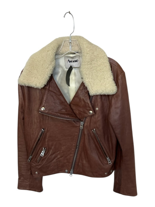 Acne Size Est M Brown & Cream Leather Shearling Lined Silver Hardware Jacket Brown & Cream / Est M