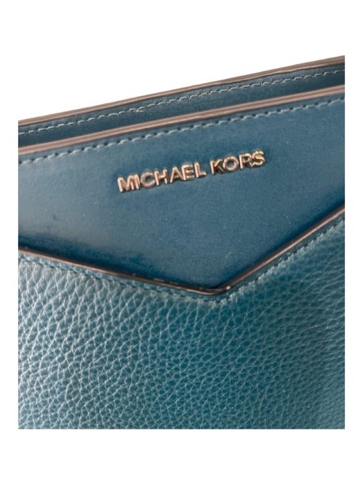 Michael Kors Teal Blue Leather Double Top Handle Tote silver hardware Bag Teal Blue / L