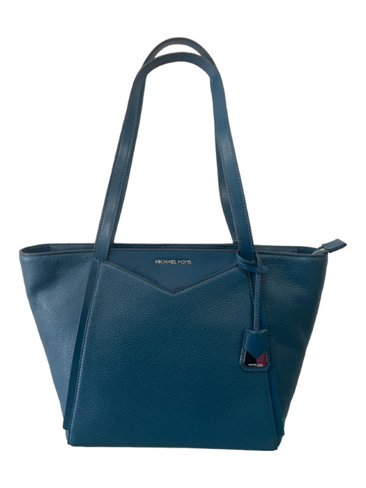 Michael Kors Teal Blue Leather Double Top Handle Tote silver hardware Bag Teal Blue / L